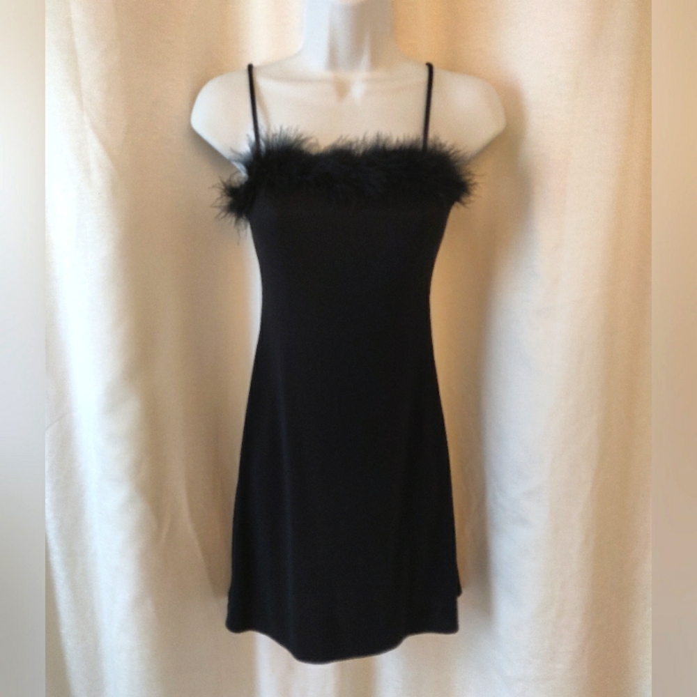 Vintage 90s little black feather boa mini cocktail dress